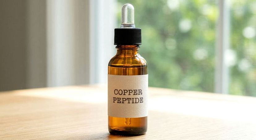 An amber dropper bottle of copper peptide serum
