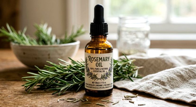 A dropper bottle of rosemary oil beside fresh rosemary sprigs
